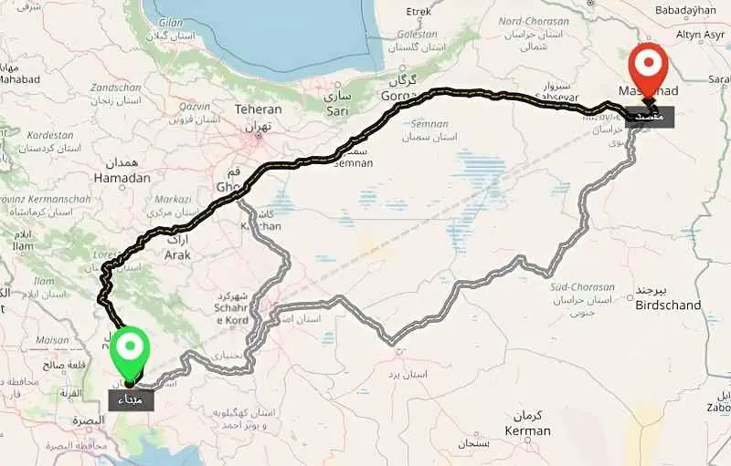 نقشه و ایستگاههای قطار در مسیر اهواز تا مشهد