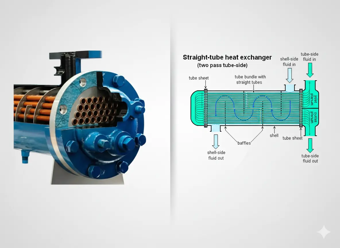 نمای برشخورده از ساختار داخلی مبدل پوسته و لوله همراه با شماتیک عملکرد جریان سیالات در دو مدارعبور حرارت بین لولهها و پوسته.