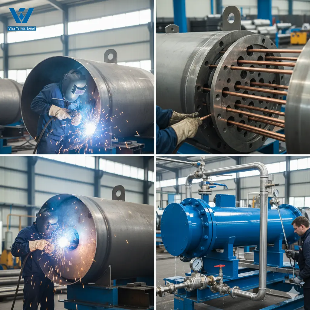 فرآیند جوشکاری، مونتاژ و تست فنی مبدلهای حرارتی نمادی از دقت کیفیت و استاندارد بالای ساخت تجهیزات صنعتی.