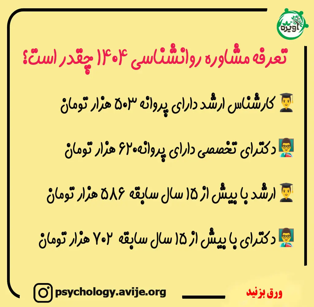 هزینه مشاوره روانشناسی 1404 + تعرفه مشاوره سازمان نظام روانشناسی - مشاوره آویژه