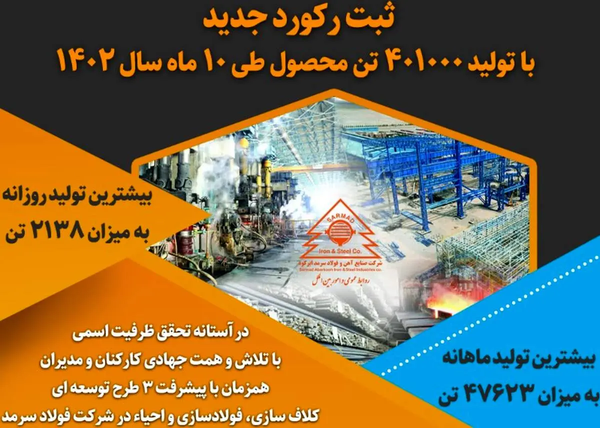 پیشتازی فولاد سرمد در شاخص رشد فروش شرکتهای فولادی و ثبت رکورد جدید در تولید