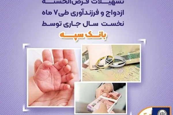پرداخت بیش از 130 هزار میلیارد ریال تسهیلات قرض الحسنه ازدواج و فرزندآوری طی 7 ماه نخست سال جاری توسط بانک سپه

