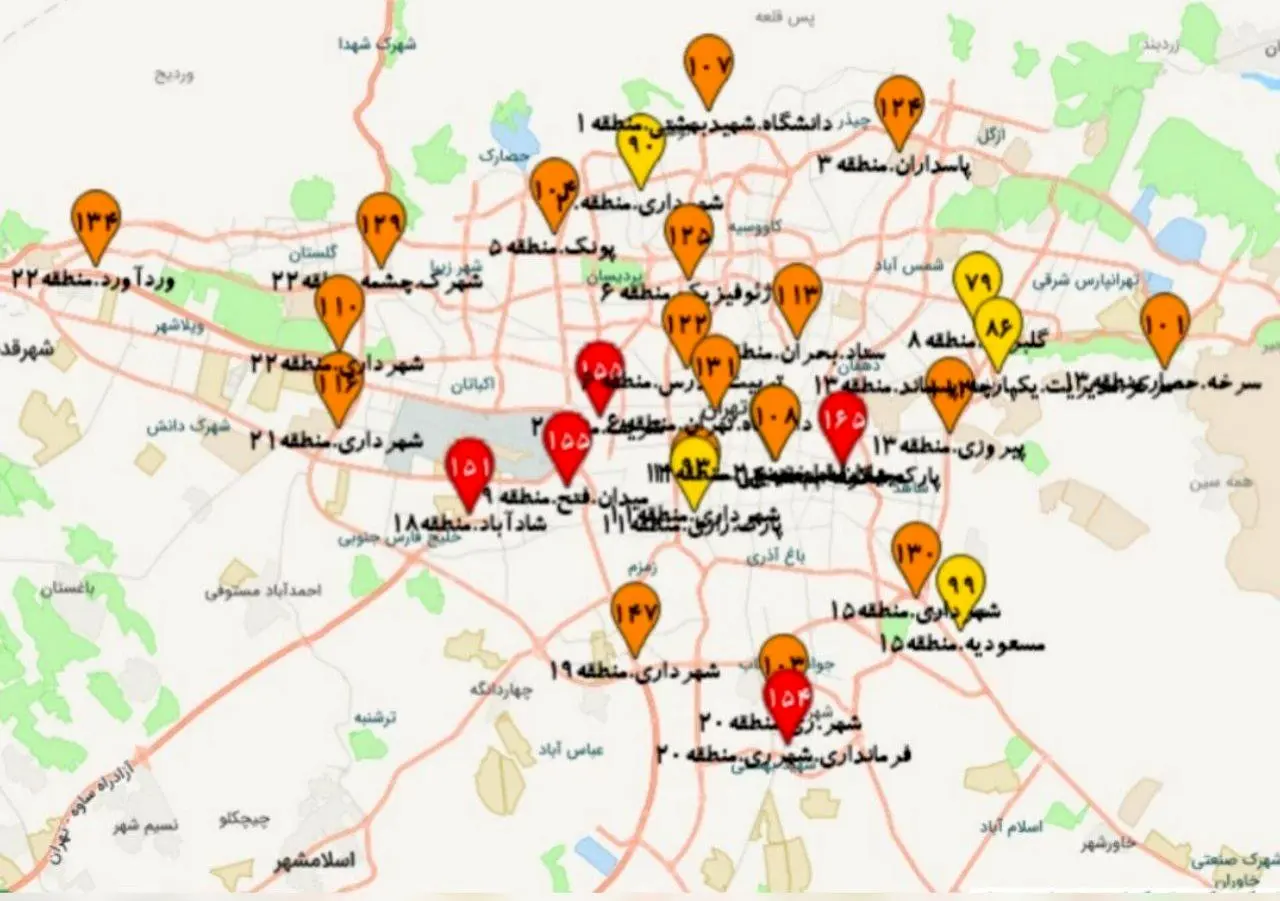 ۱۸ نقطه تهران در وضعیت هشدار/ نقشه را ببینید